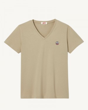 Beige JOTT Cancun Plain V-neck Organic Cotton Women's T Shirts | KEO-9724