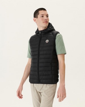 Black JOTT Pat Sleeveless Hooded Men's Down Jackets | OTT-8836