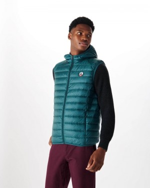 Dark Green JOTT Pat Sleeveless Hooded Men's Down Jackets | CMY-9446