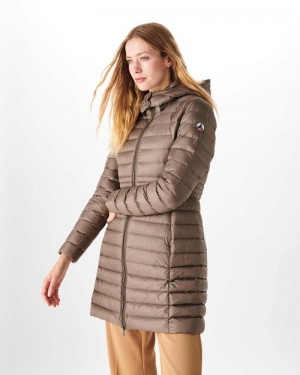 Grey Brown JOTT Vero Long Hooded Women's Puffer Jackets | BJA-6240