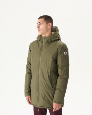 Olive / Beige JOTT Toronto Great Cold Reversible Hooded Men's Down Jackets | RAO-3551