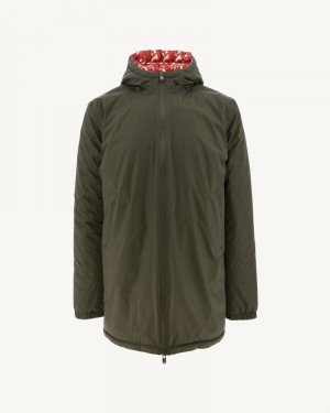 Olive / Bright Red JOTT Amsterdam Long Reversible Hooded Men's Down Jackets | QRP-1710