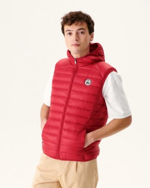 Red JOTT Pat Sleeveless Hooded Men's Down Jackets | QGN-6377