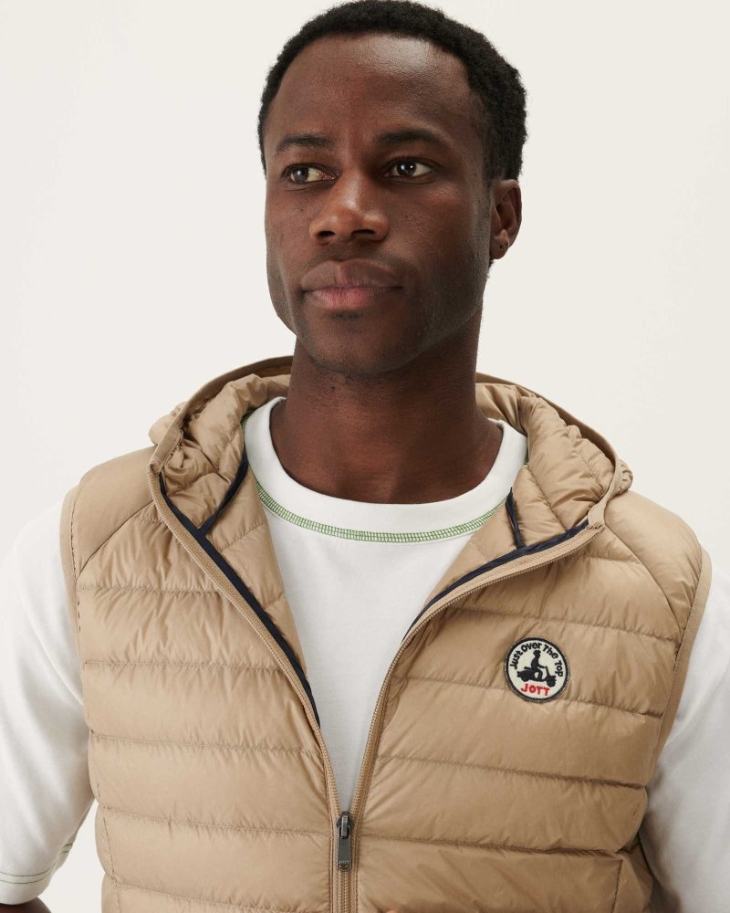 Beige JOTT Pat Hooded Sleeveless Men's Down Jackets | QBT-0425