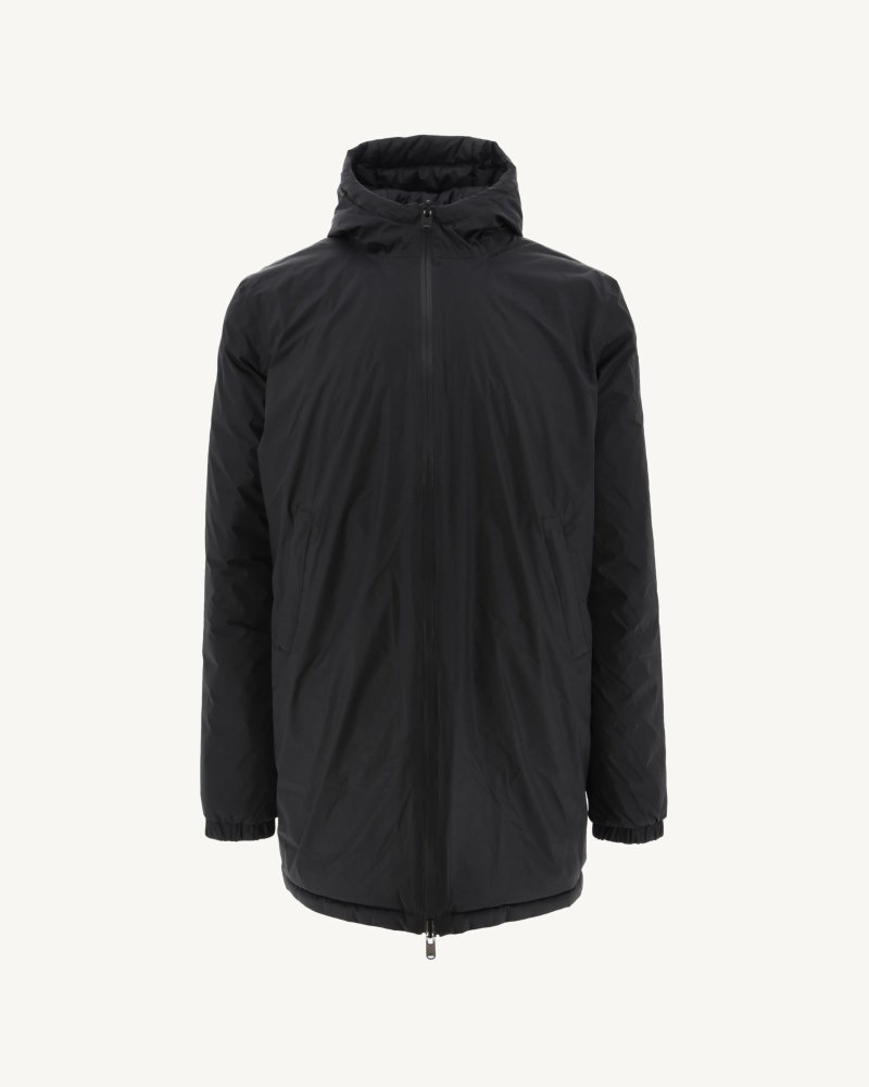 Black JOTT Amsterdam Long Reversible Hooded Men's Puffer Jackets | FKC-8146