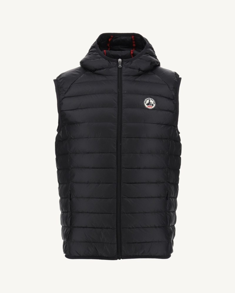 Black JOTT Pat Sleeveless Hooded Men's Down Jackets | OTT-8836