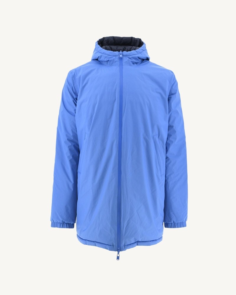 Blue / Navy JOTT Amsterdam Long Reversible Hooded Men's Down Jackets | CZI-2604