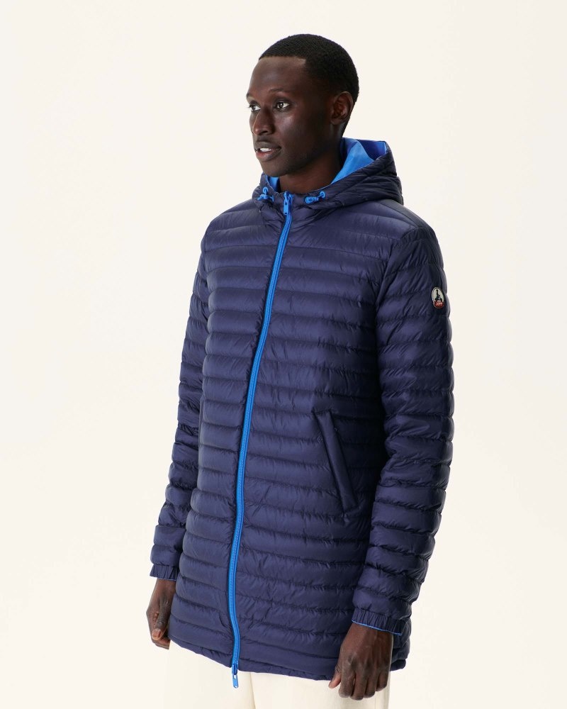 Blue / Navy JOTT Amsterdam Long Reversible Hooded Men's Down Jackets | CZI-2604