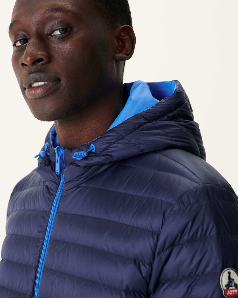 Blue / Navy JOTT Amsterdam Long Reversible Hooded Men's Down Jackets | CZI-2604