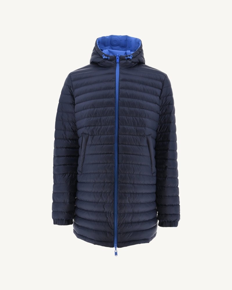 Blue / Navy JOTT Amsterdam Long Reversible Hooded Men's Down Jackets | CZI-2604