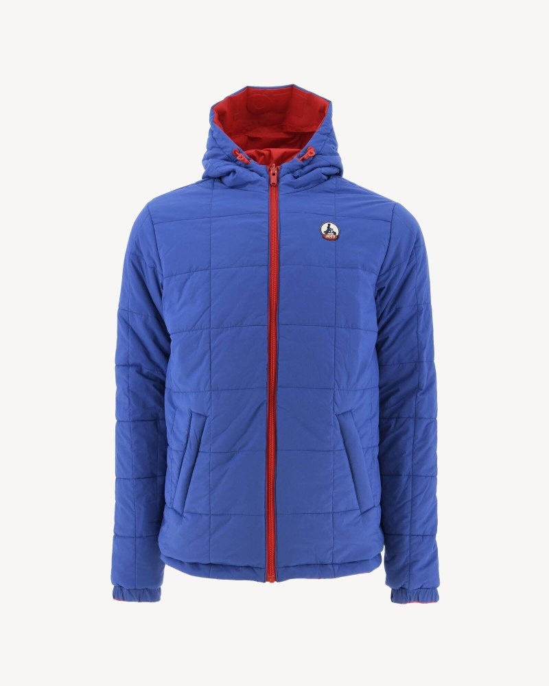 Bright Red / Dark Blue JOTT Vigo Reversible Ultralight Hooded Men's Down Jackets | QNM-0314