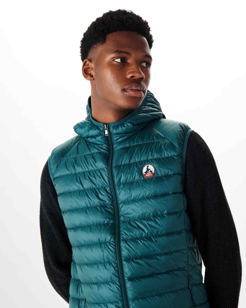 Dark Green JOTT Pat Sleeveless Hooded Men's Down Jackets | CMY-9446