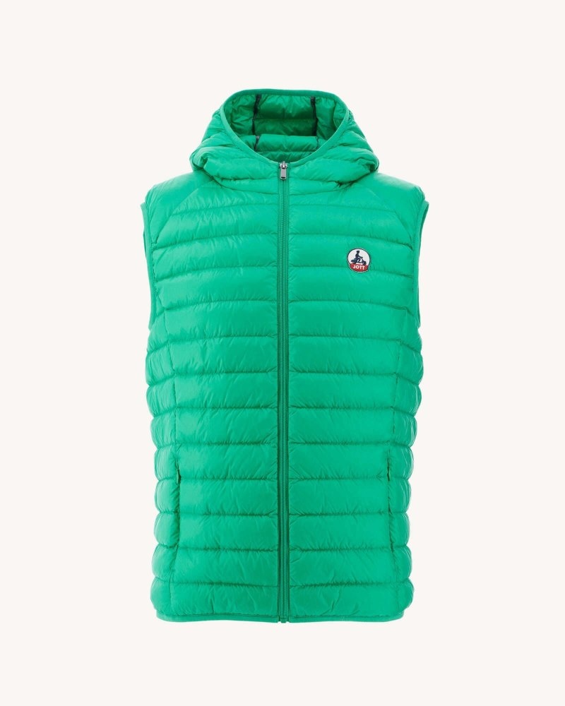 Green JOTT Pat Hooded Sleeveless Men's Down Jackets | DPQ-5849