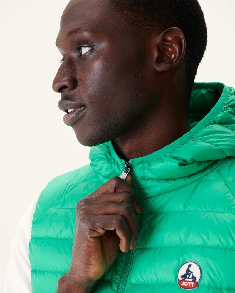 Green JOTT Pat Hooded Sleeveless Men's Down Jackets | DPQ-5849