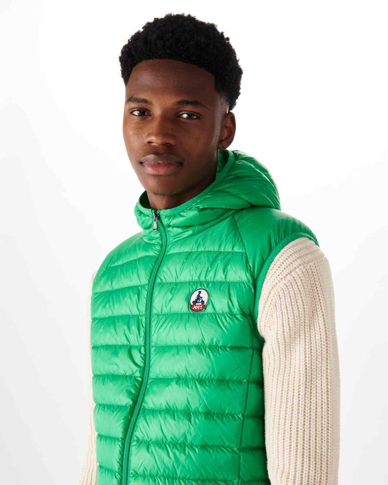 Green JOTT Pat Hooded Sleeveless Men's Down Jackets | HNM-3252