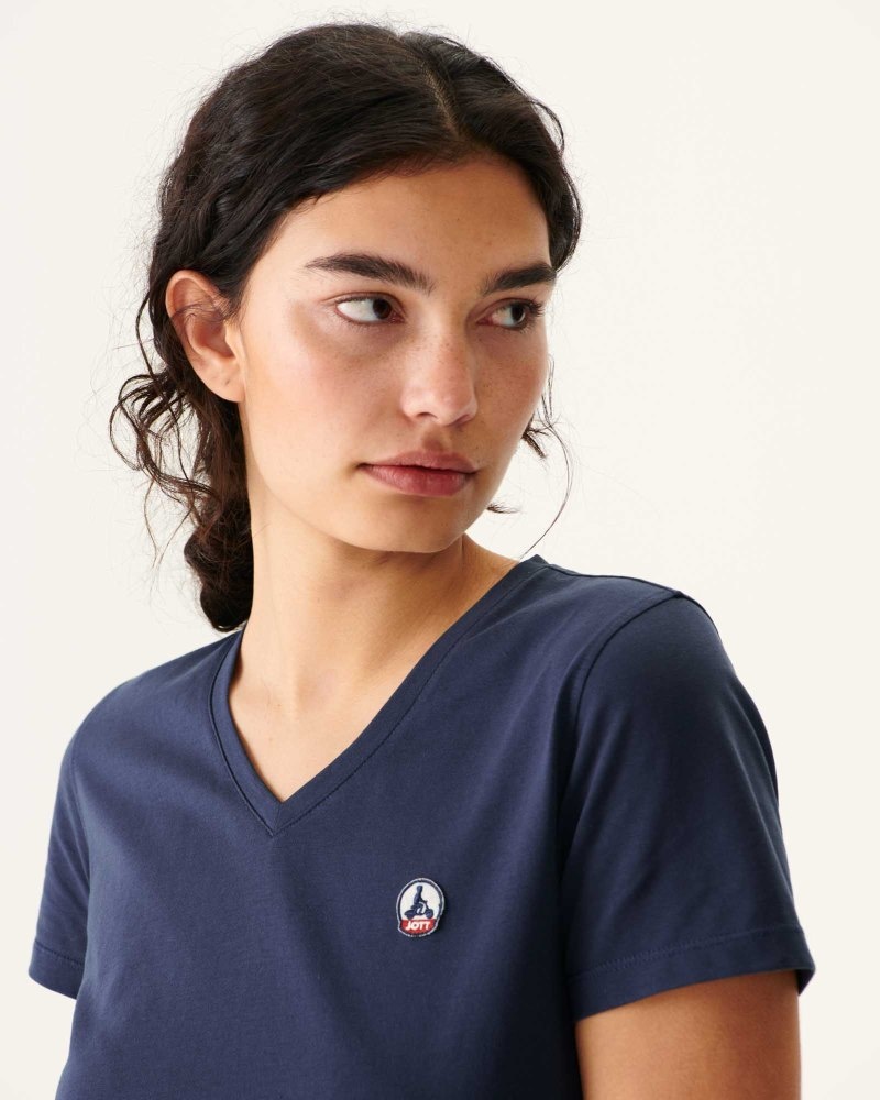 Navy JOTT Cancun Plain V-neck Organic Cotton Women's T Shirts | CBN-4772