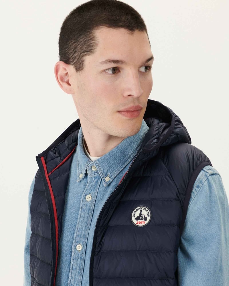 Navy JOTT Pat Hooded Sleeveless Men's Down Jackets | AXZ-5281