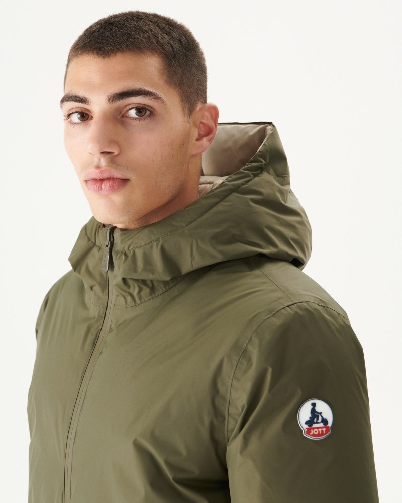 Olive / Beige JOTT Toronto Great Cold Reversible Hooded Men's Down Jackets | RAO-3551