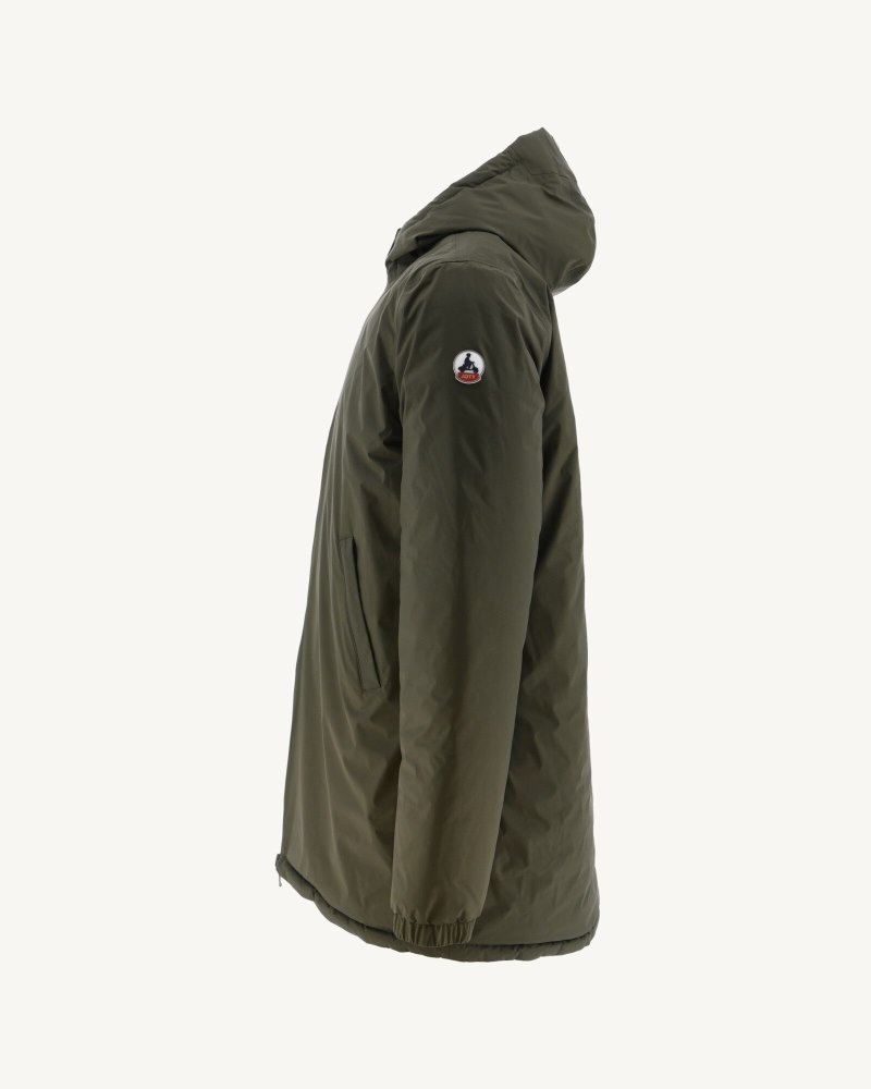 Olive / Bright Red JOTT Amsterdam Long Reversible Hooded Men's Down Jackets | QRP-1710