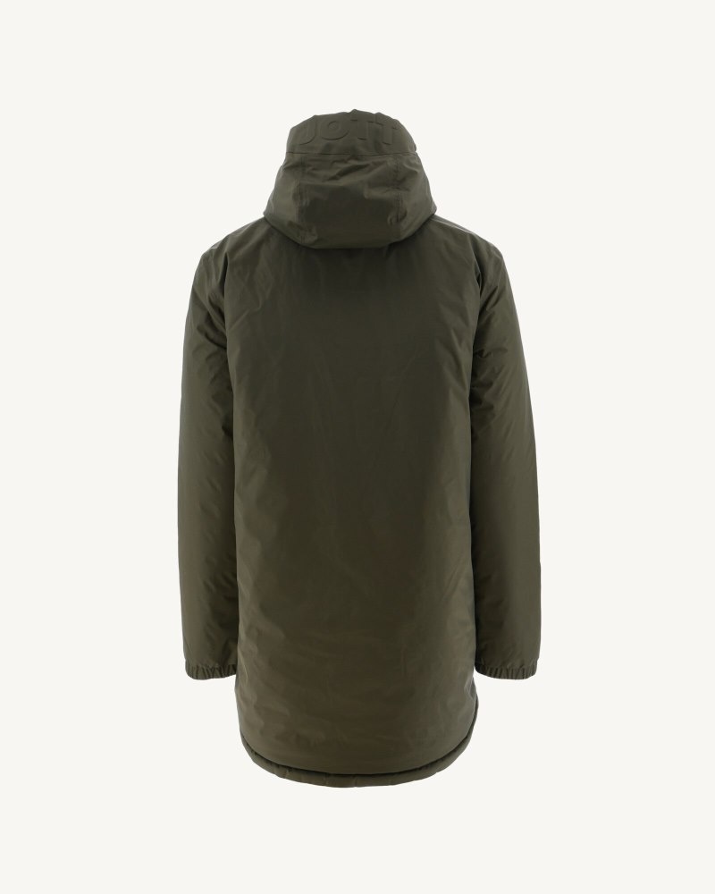 Olive / Bright Red JOTT Amsterdam Long Reversible Hooded Men's Down Jackets | QRP-1710