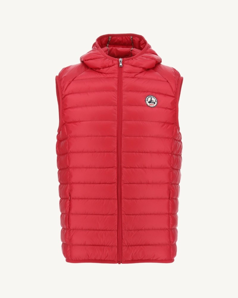 Red JOTT Pat Sleeveless Hooded Men's Down Jackets | QGN-6377