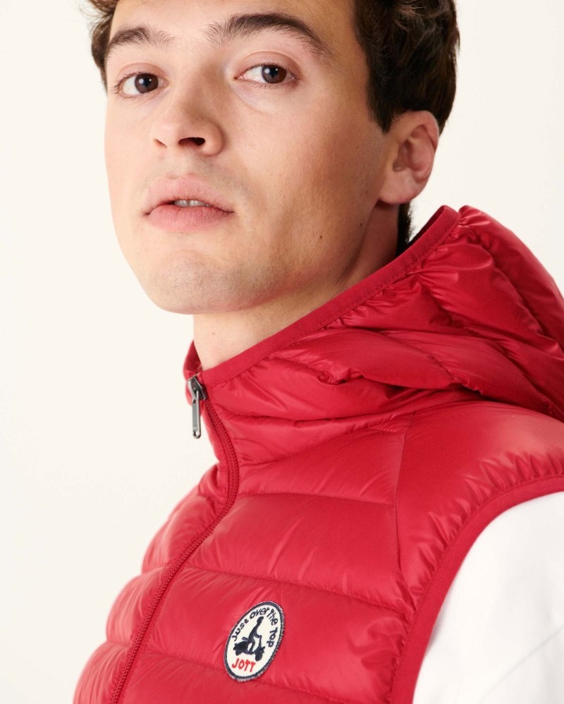 Red JOTT Pat Sleeveless Hooded Men's Down Jackets | QGN-6377