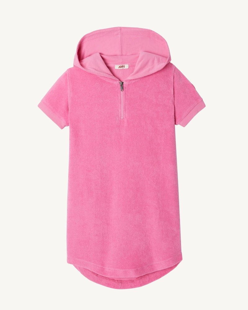 White JOTT Mini Hot Pink Hooded Cotton Terry Kids' Dress | PEL-1371